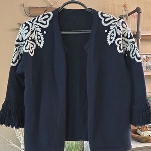 J MCLAUGHLIN  Navy and White Cardigan with Fringe